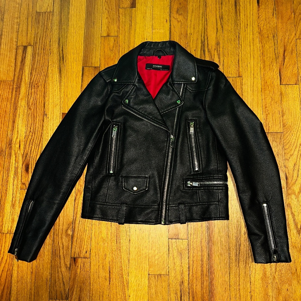 Zara Basic Outerwear Black Faux Leather Moto Jacket - Size Small